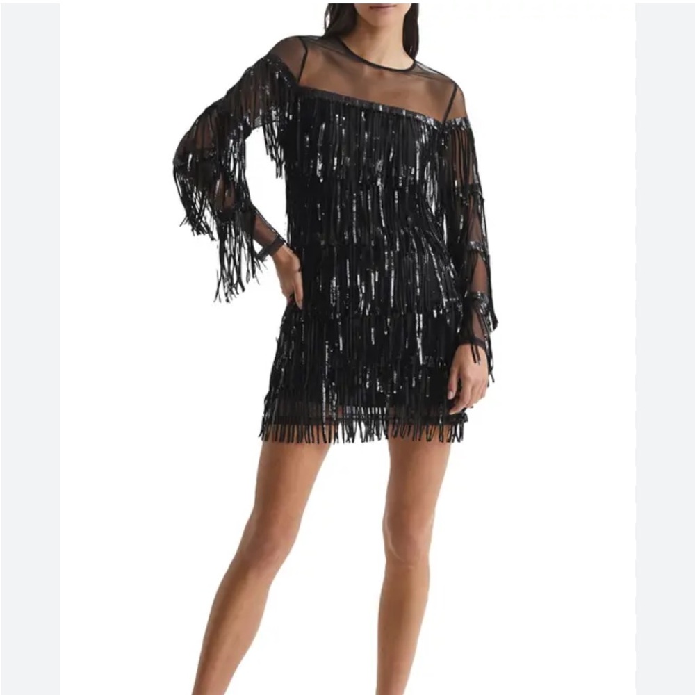Reiss Black Sequin Fringe Cutout Mesh Minidress